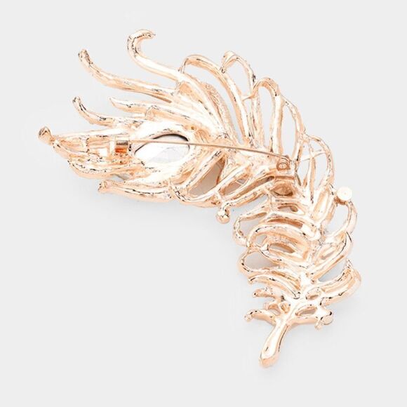 Curved Feather Peach Crystal Teardrop Brooch - Picture 2 of 5